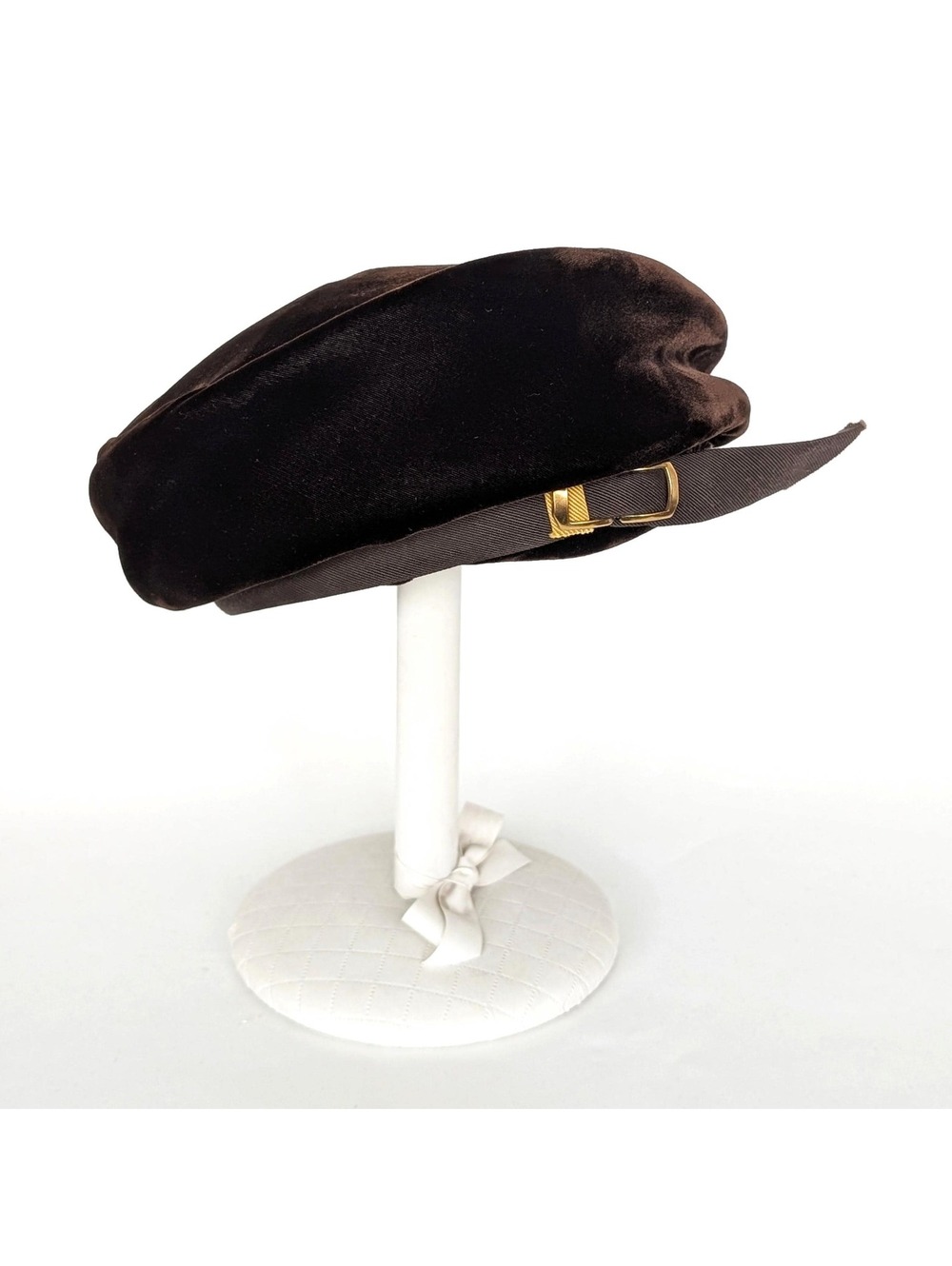 1960s Vintage Lecie Brown Velvet Beret Style Hat with Buckle Detail